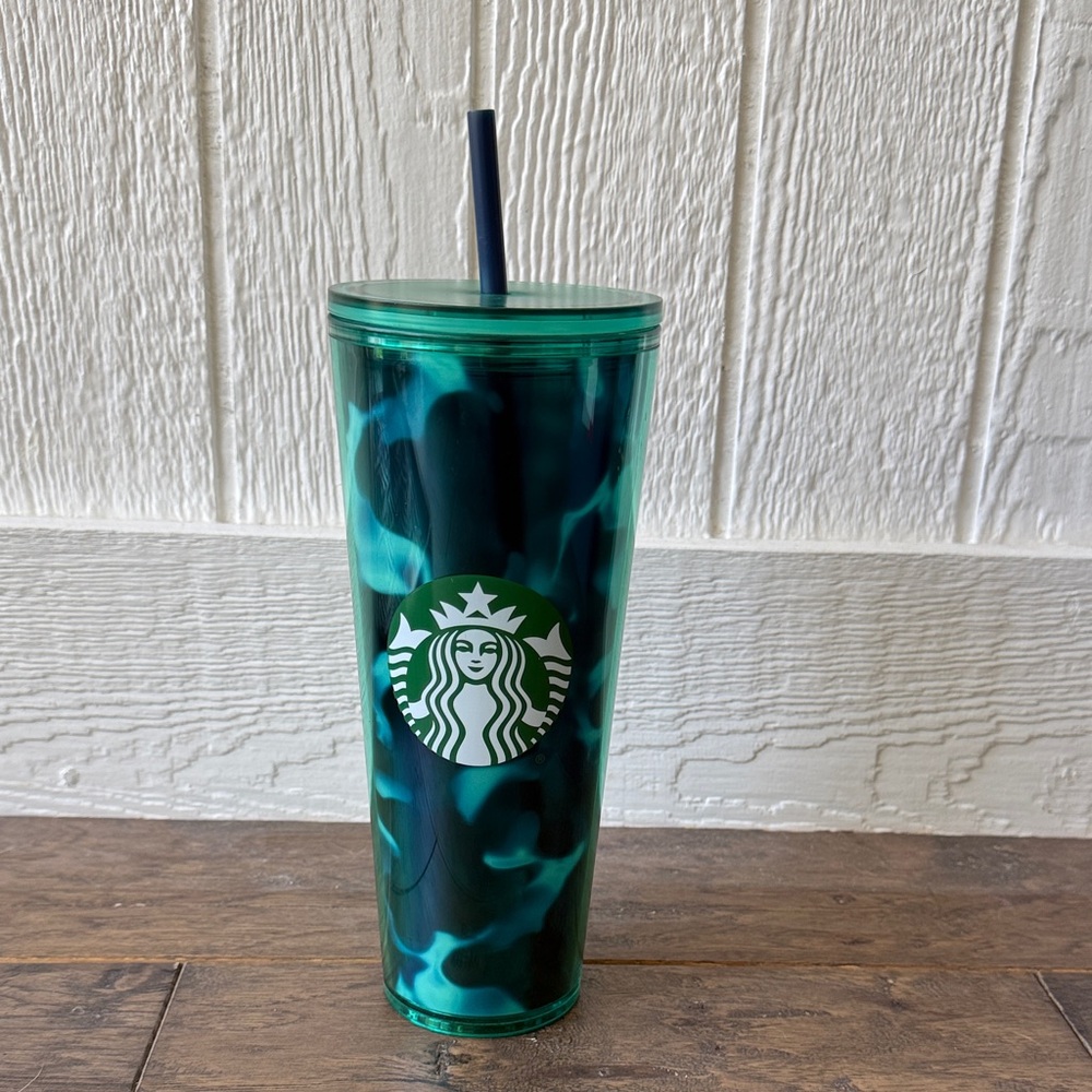 Starbucks Blue Green Teal tortoise tie dye watercolor 24 oz Tumbler with Straw